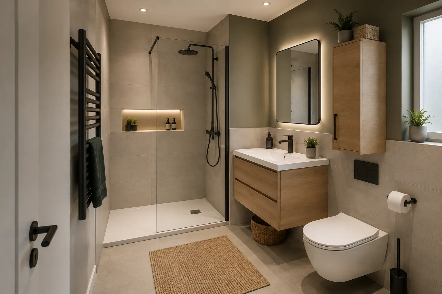 creation-salle-de-bain-4m2-moderne Téléphone : Création de salle de bain moderne de 4 m² réalisée à Sanary-sur-Mer avec douche extra-plate, meuble vasque suspendu et WC suspendu.