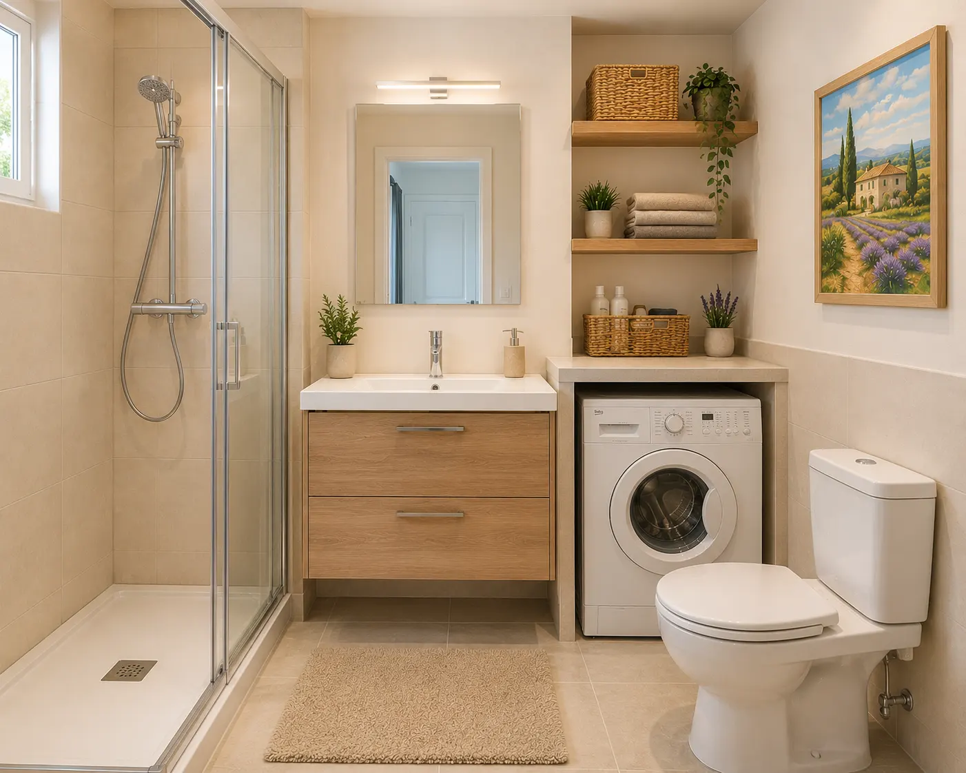 creation-salle-de-bain-studio-locatif-logement-independant Création de salle de bain pour projet immobilier, transformation de dépendance, aménagement de studio locatif ou création d'un logement indépendant avec espace douche et buanderie.