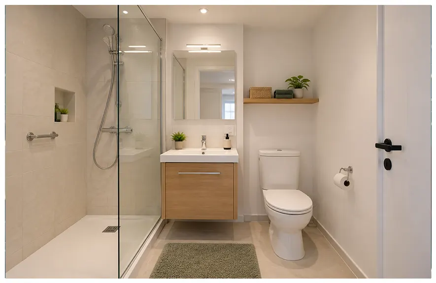 creation-salle-de-bain-studio-locatif Création de salle de bain dans un studio indépendant avec douche, vasque et WC pour un logement fonctionnel et autonome.