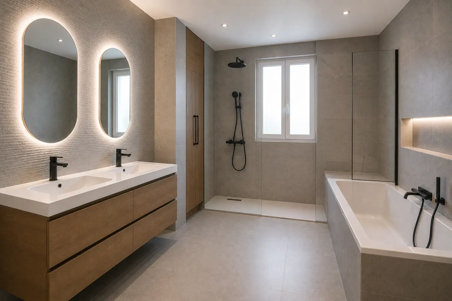 Salle de bain familiale moderne après rénovation avec double vasque, baignoire et aménagement optimisé pour toute la famille.