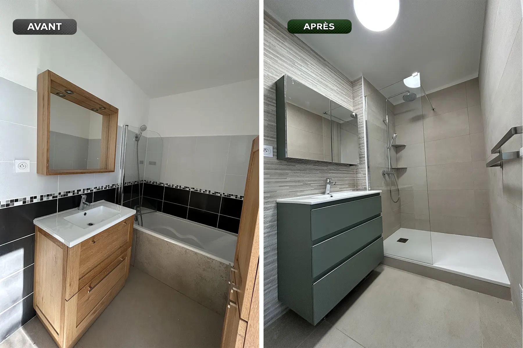 Avant après remplacement de baignoire par une douche Transformation d’une baignoire en douche moderne et accessible par Grech Salle de Bain