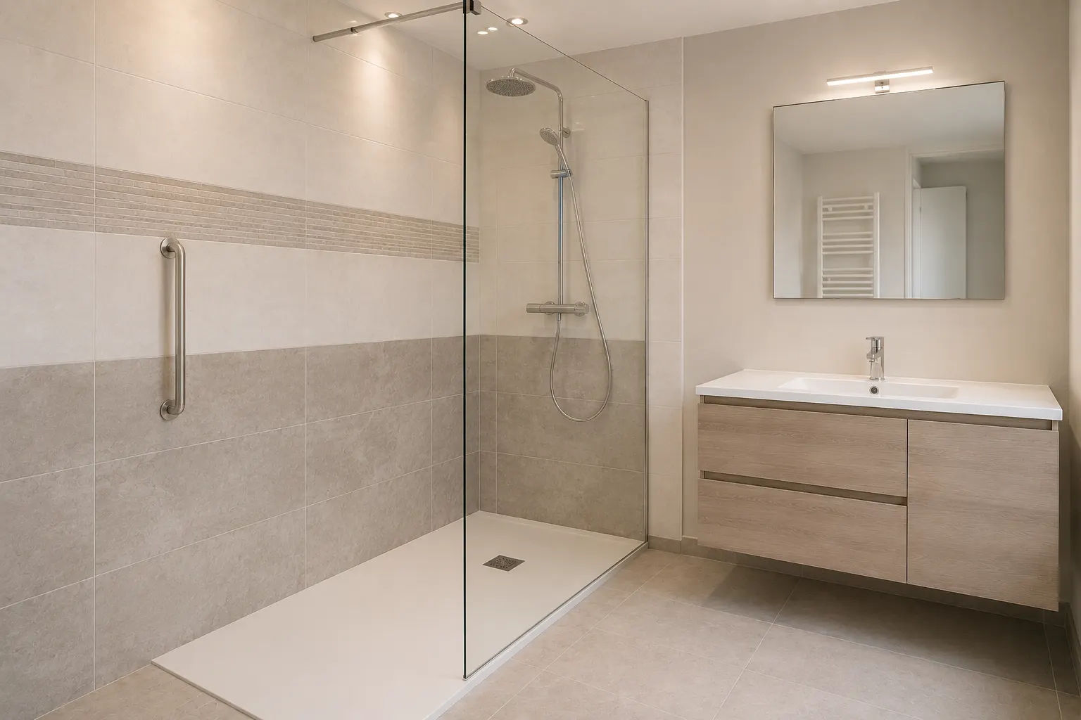 remplacement-baignoire-par-douche-termine-sanary Douche avec accès facilité réalisée après remplacement d’une baignoire dans une salle de bain existante