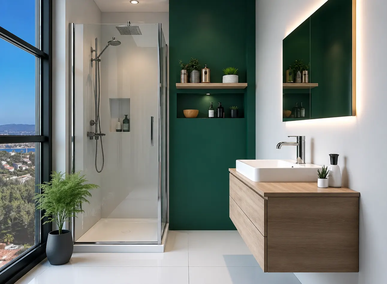 renovation-petite-salle-de-bain-3-4m2-sanary Téléphone: Rénovation de petite salle de bain de 3 à 4 m² avec douche et meuble suspendu réalisée dans le Var