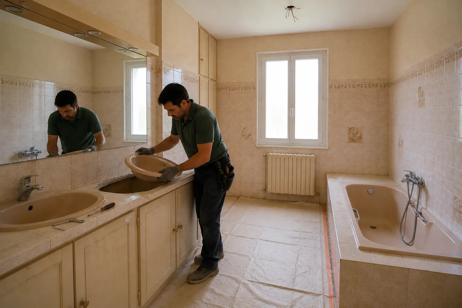 Dépose des anciens équipements dans une salle de bain familiale avant préparation et rénovation complète de la pièce.