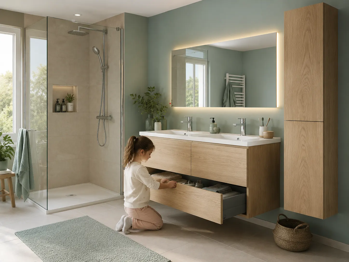 Téléphone: Salle de bain familiale pensée pour le confort des parents et des enfants avec double vasque et nombreux rangements