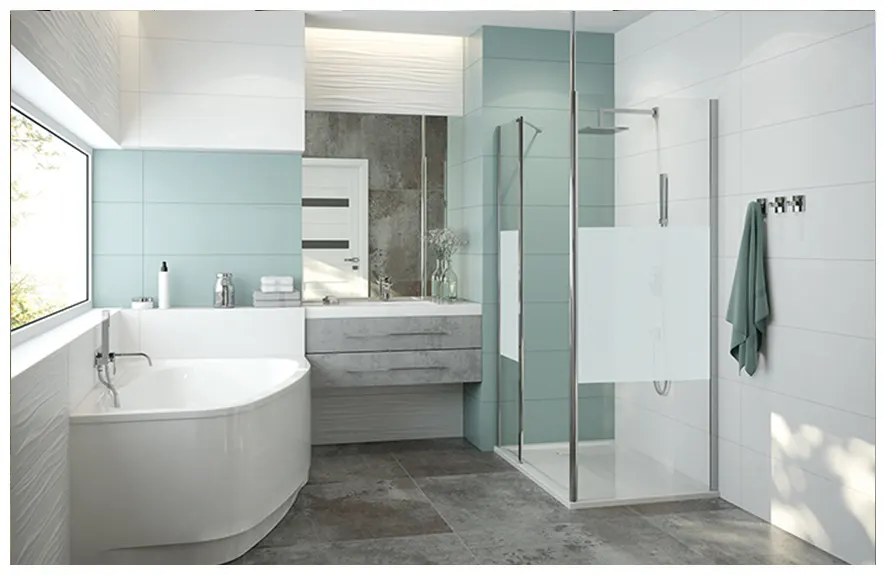 Salle de bain familiale avec baignoire, douche et espace de circulation confortable