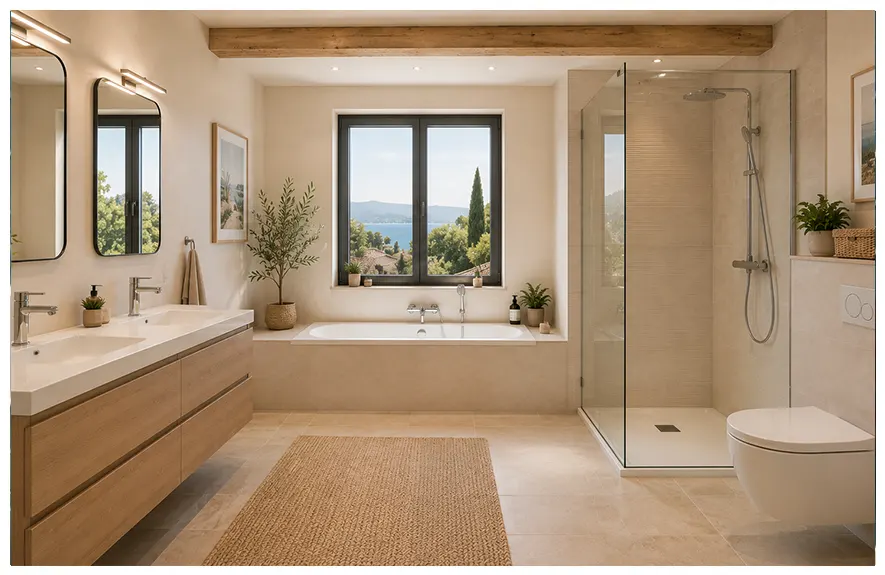 salle-de-bain-familiale-double-vasque-baignoire-douche Création de salle de bain familiale avec double vasque intégrée, baignoire encastrée, douche vitrée et WC suspendu.
