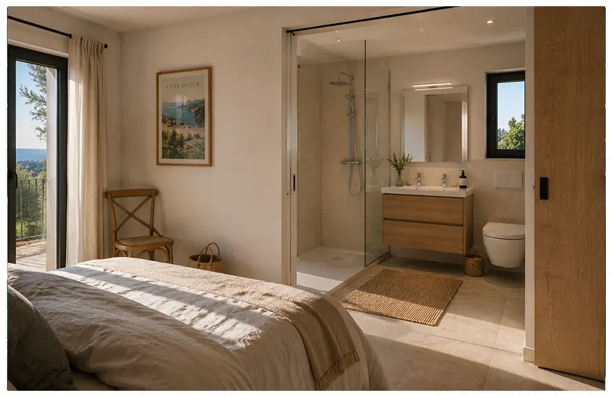 suite-parentale-avec-salle-de-bain-integree Création d'une suite parentale avec salle d'eau ouverte sur la chambre, douche vitrée et double vasque dans une maison contemporaine.
